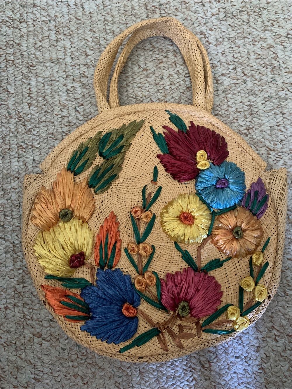 Vintage 60s/70s Floral Straw Round Handbag Boho Raffia Tote